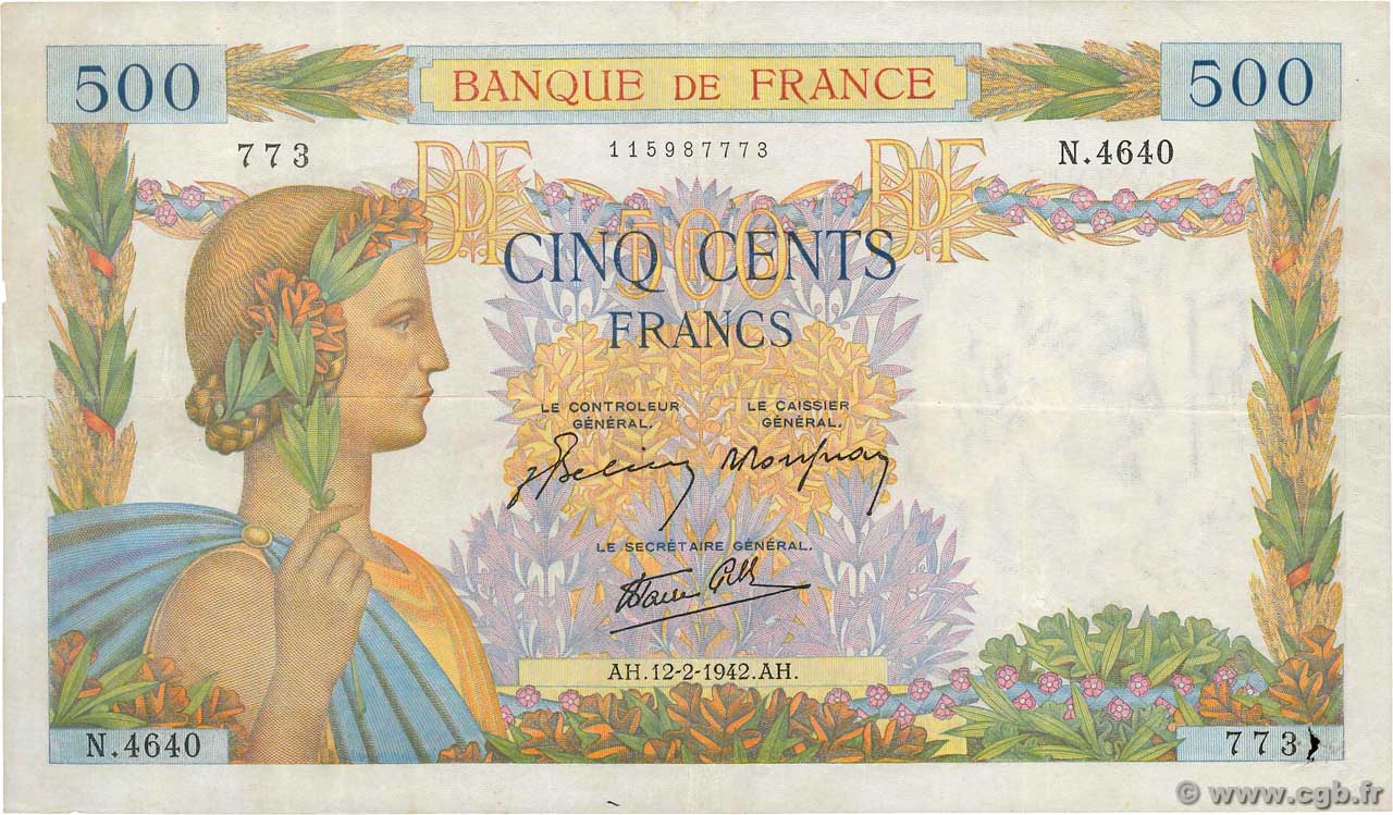 500 Francs LA PAIX FRANCE  1942 F.32.29 pr.TTB