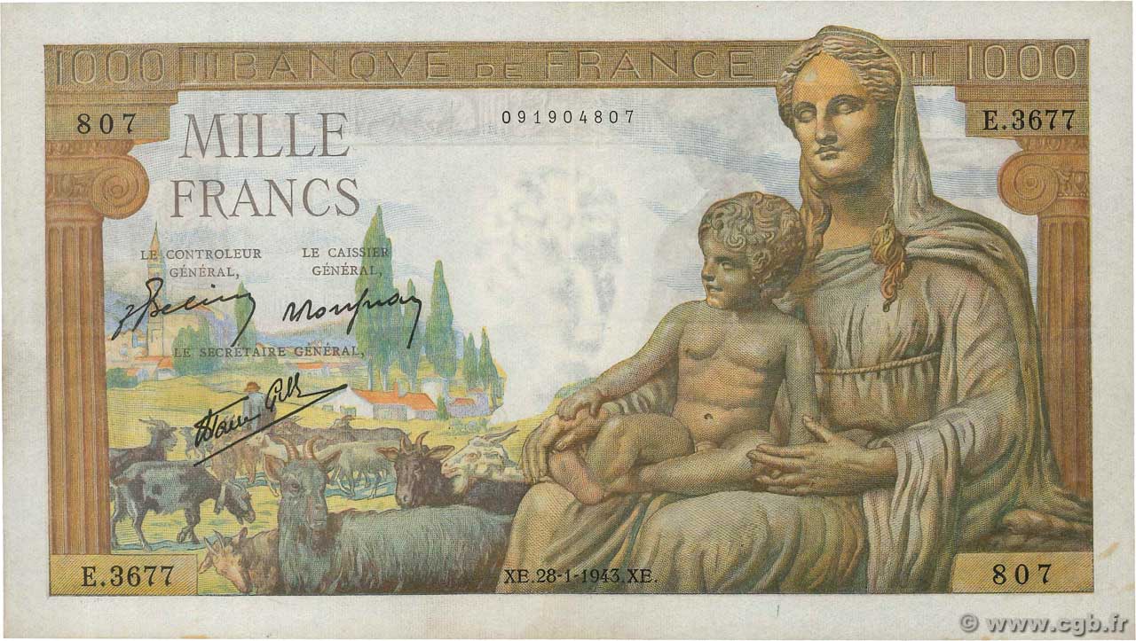 1000 Francs DÉESSE DÉMÉTER FRANCE  1943 F.40.17 VF