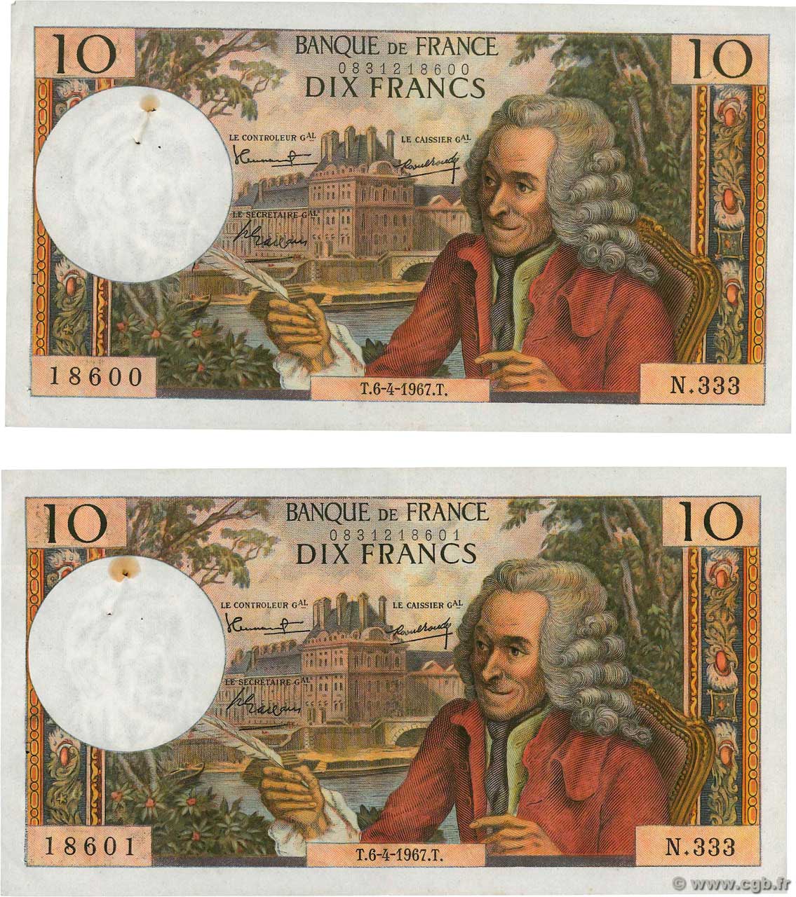 10 Francs VOLTAIRE Consécutifs FRANCIA  1967 F.62.26 MBC