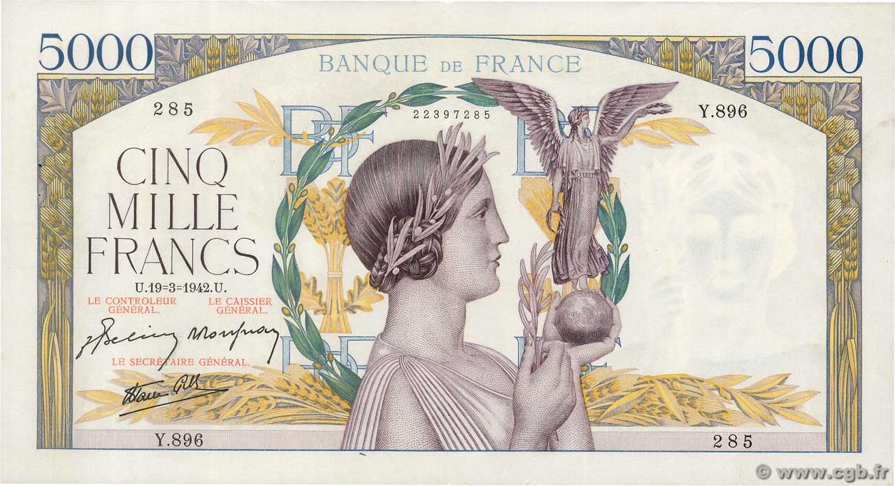 5000 Francs VICTOIRE Impression à plat FRANCIA  1942 F.46.35 SPL a AU