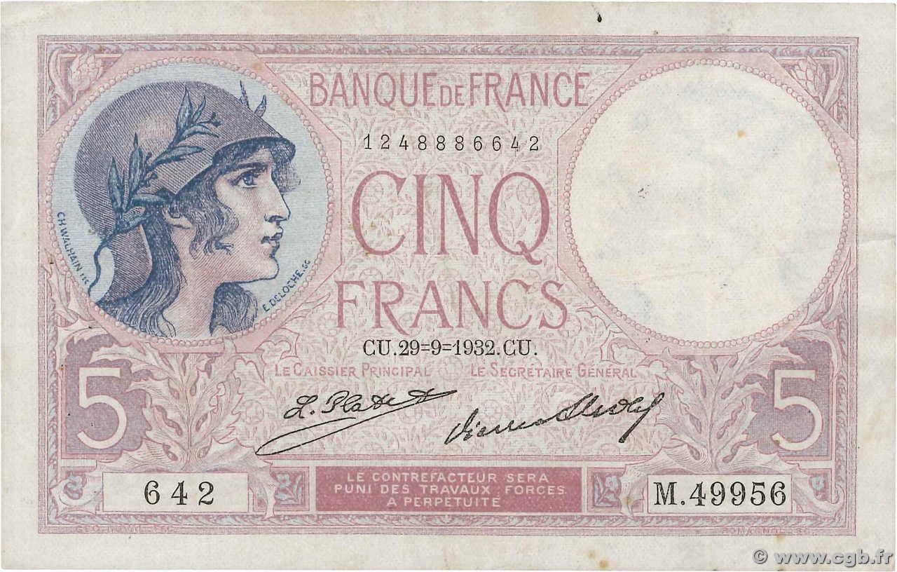 5 Francs FEMME CASQUÉE FRANCE  1932 F.03.16 F+
