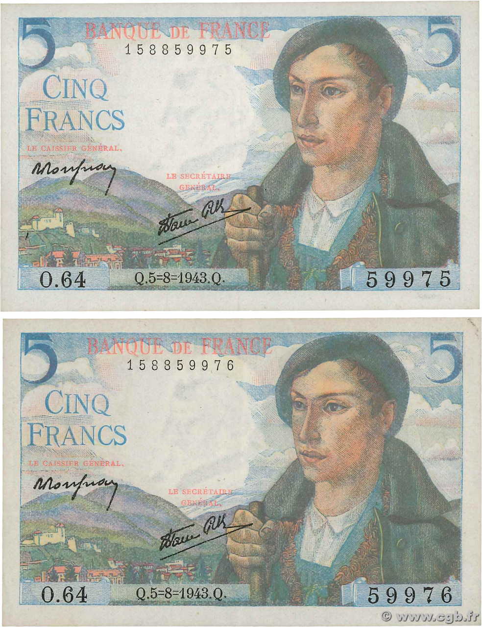 5 Francs BERGER Consécutifs FRANCIA  1943 F.05.03 EBC+