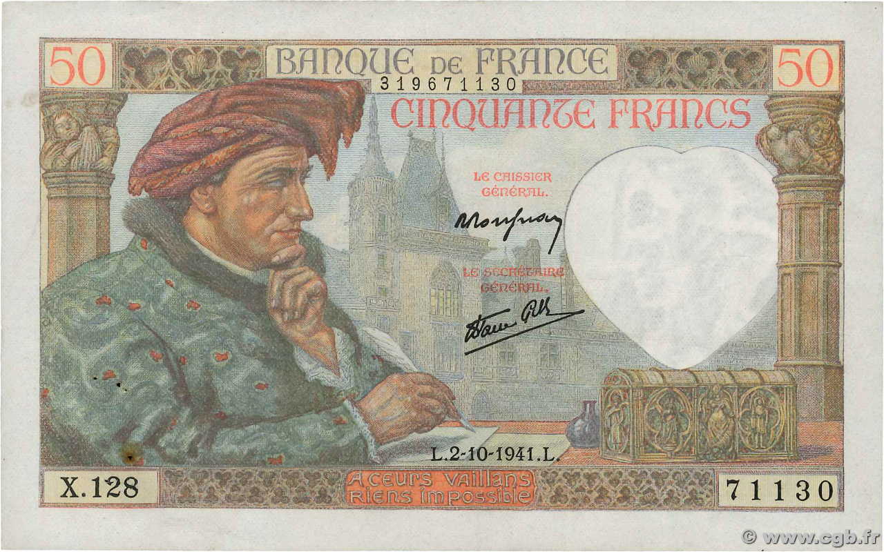 50 Francs JACQUES CŒUR FRANCE  1941 F.19.15 TTB