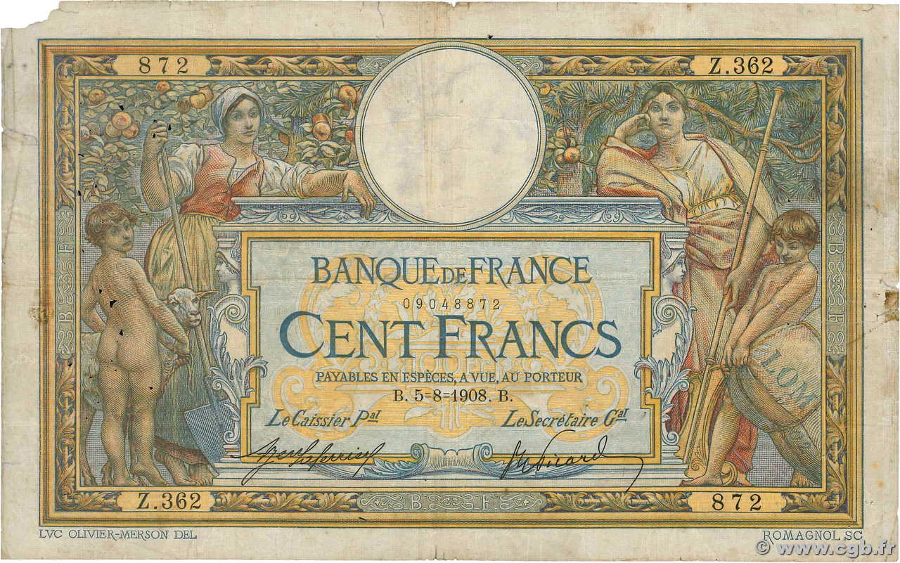 100 Francs LUC OLIVIER MERSON avec LOM FRANKREICH  1908 F.22.01 SGE