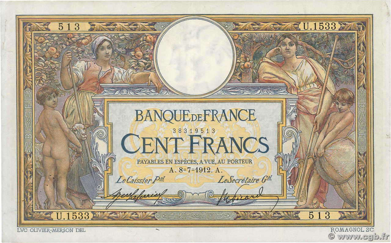 100 Francs LUC OLIVIER MERSON sans LOM FRANCE  1912 F.23.04 TB+