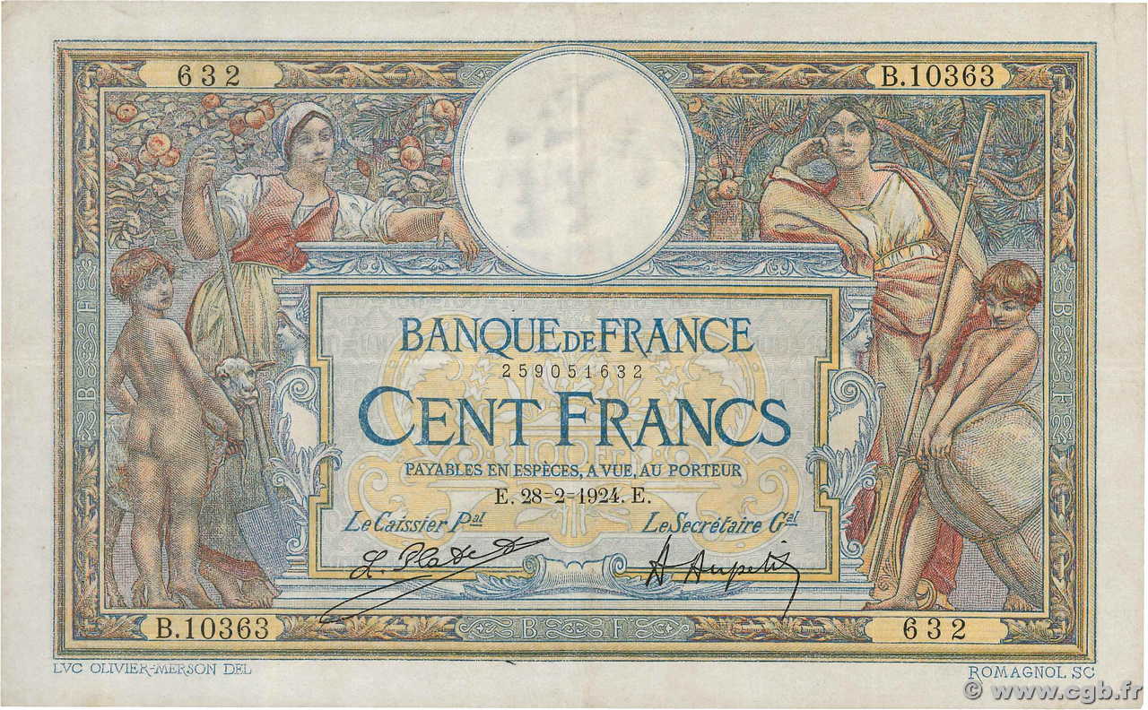 100 Francs LUC OLIVIER MERSON grands cartouches FRANCIA  1924 F.24.02 q.BB