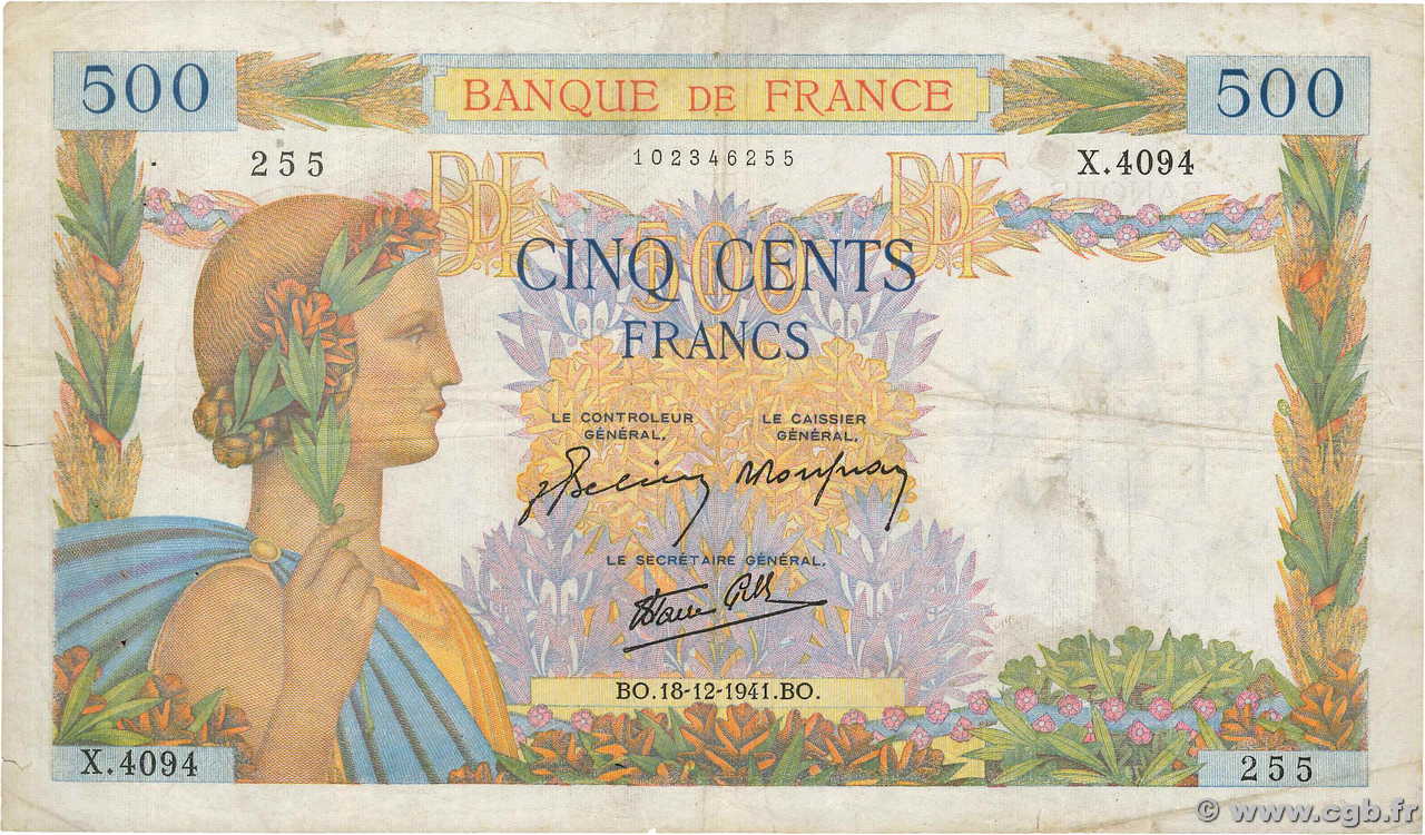 500 Francs LA PAIX FRANKREICH  1941 F.32.25 fS