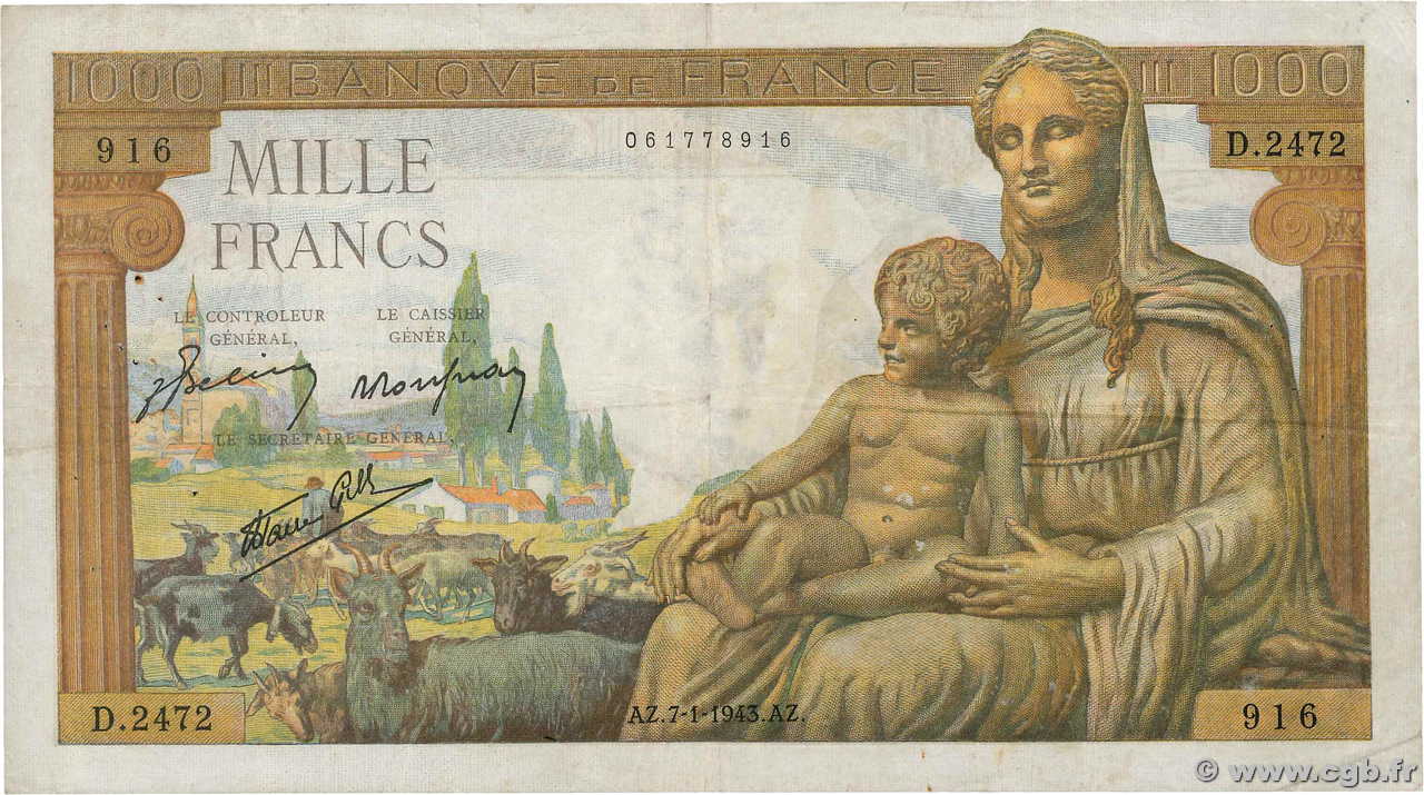 1000 Francs DÉESSE DÉMÉTER FRANCIA  1943 F.40.15 BC