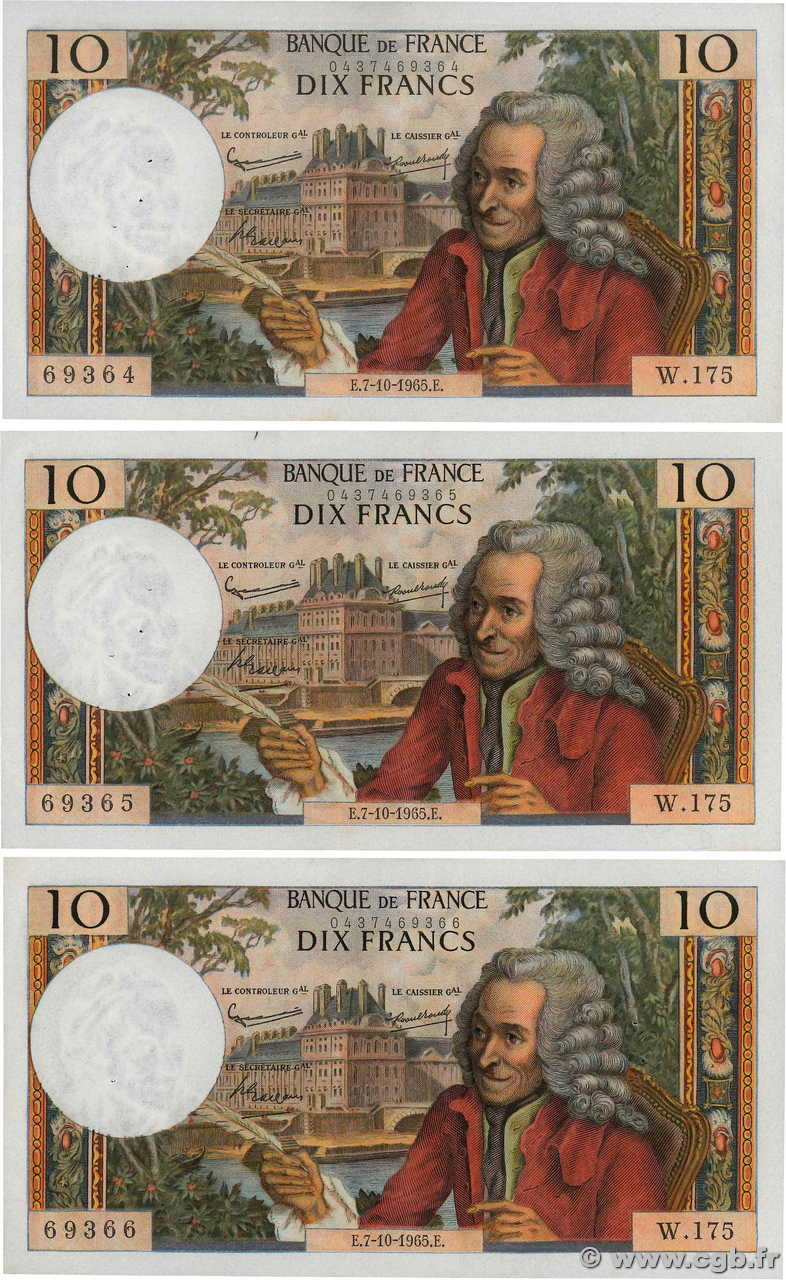 10 Francs VOLTAIRE Consécutifs FRANCE  1965 F.62.16 TTB+