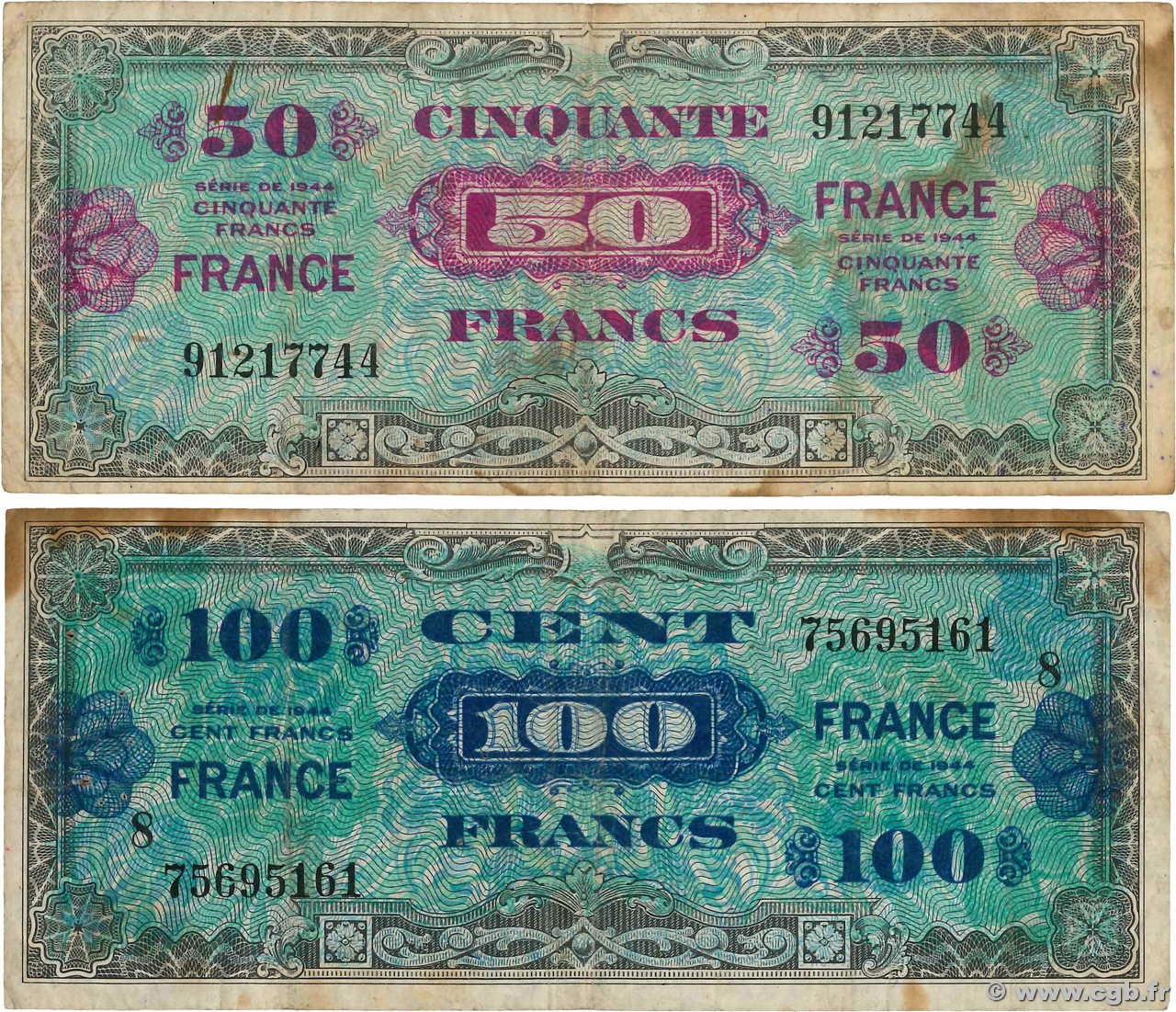 50 et 100 Francs FRANCE Lot FRANCIA  1945 VF.24.01 et VF.25.08 MB