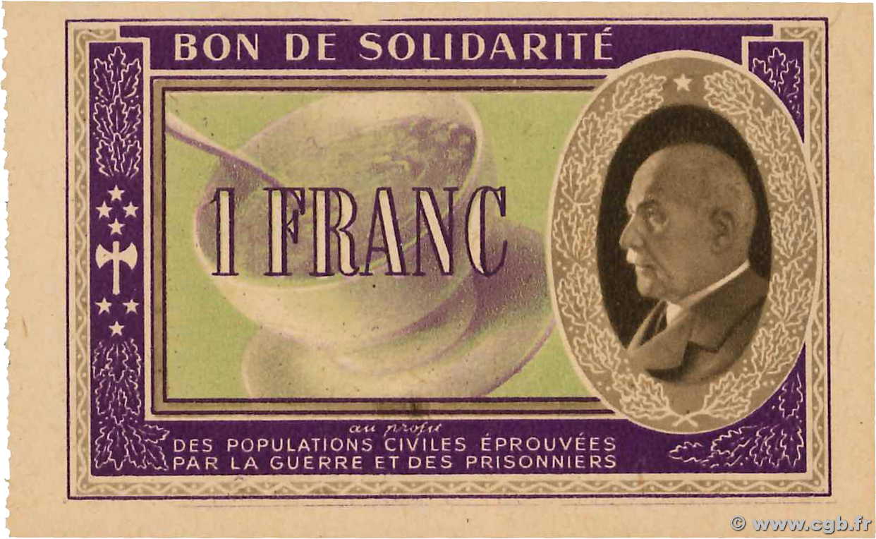 1 Franc BON DE SOLIDARITÉ FRANCE Regionalismus und verschiedenen  1941 KL.02D2 fST