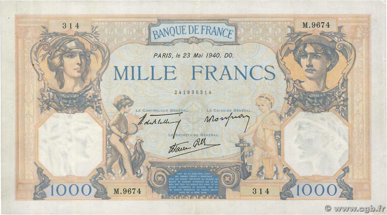 1000 Francs CÉRÈS ET MERCURE type modifié FRANKREICH  1940 F.38.47 fSS