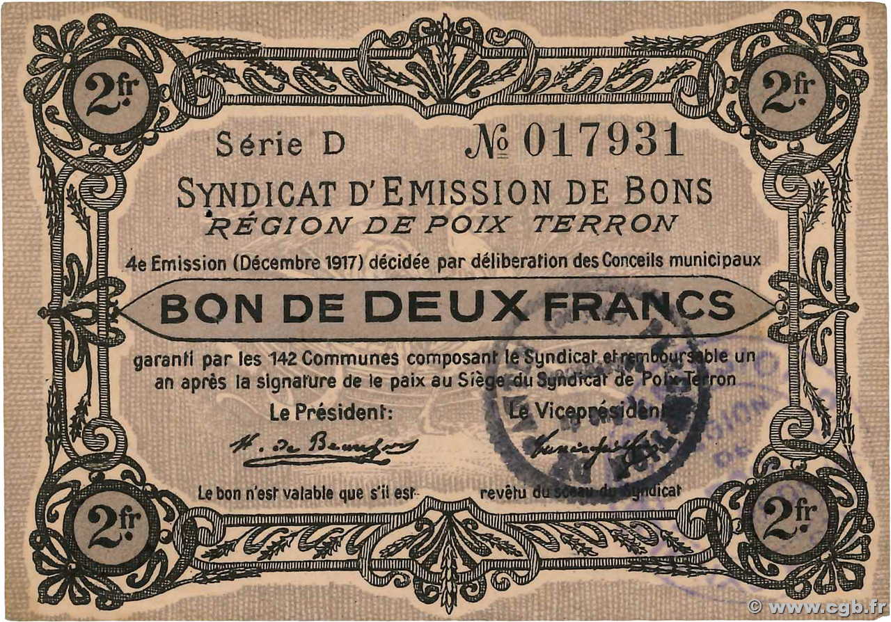 2 Francs FRANCE régionalisme et divers Poix-Terron 1917 JP.08-158 SUP