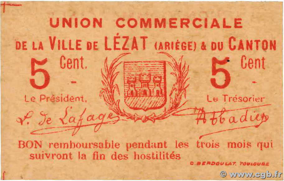 5 Centimes FRANCE régionalisme et divers Lezat 1914 JP.09-037 SPL