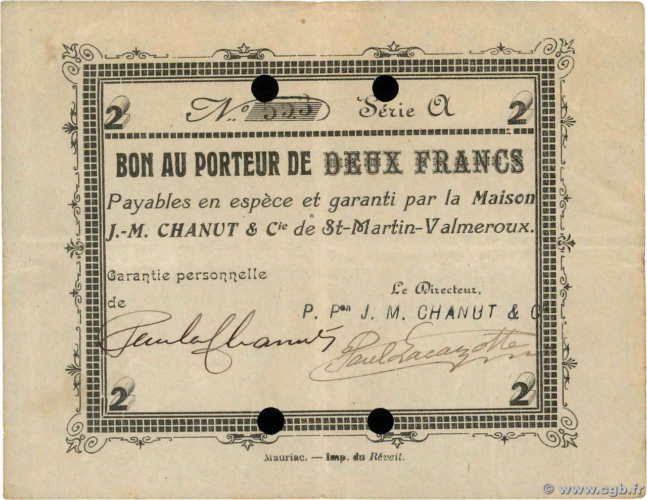 2 Francs FRANCE régionalisme et divers St-Martin-Valmeroux 1914 JP.15-12 pr.TTB