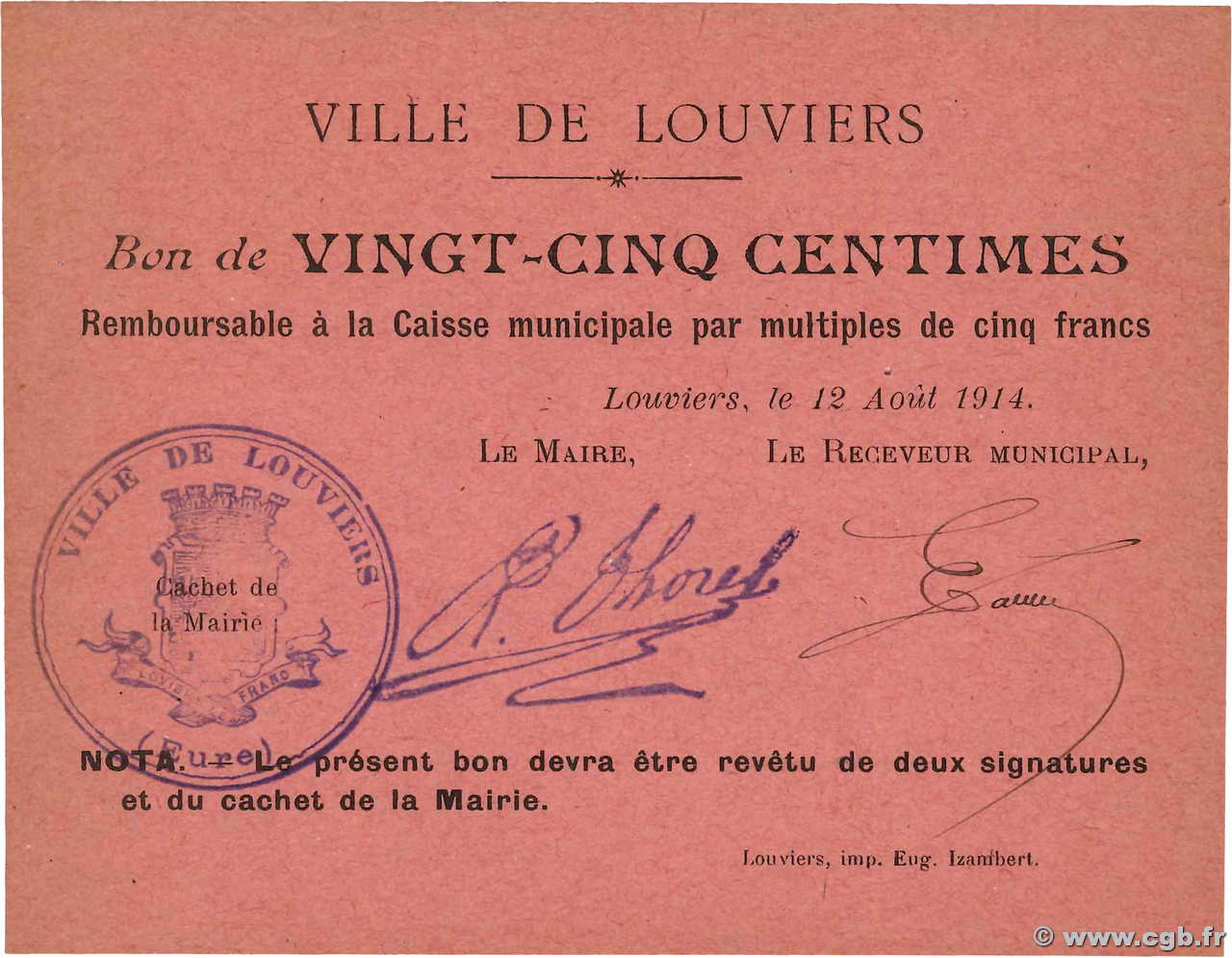 25 Centimes FRANCE Regionalismus und verschiedenen Louviers 1914 JP.27-01 VZ