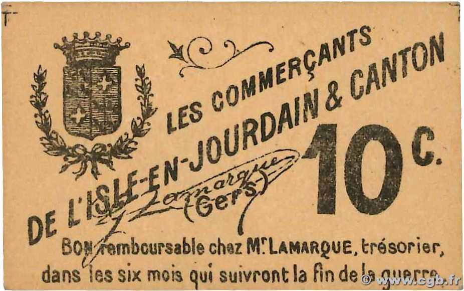 10 Centimes FRANCE regionalism and various L Isles-En-Jourdain 1914 JP.32-062 XF