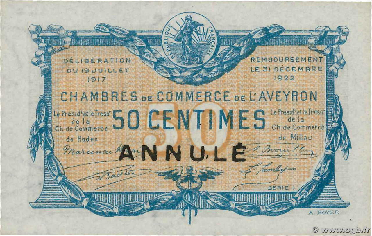 50 Centimes Annulé FRANCE regionalismo y varios Rodez et Millau 1917 JP.108.12 FDC