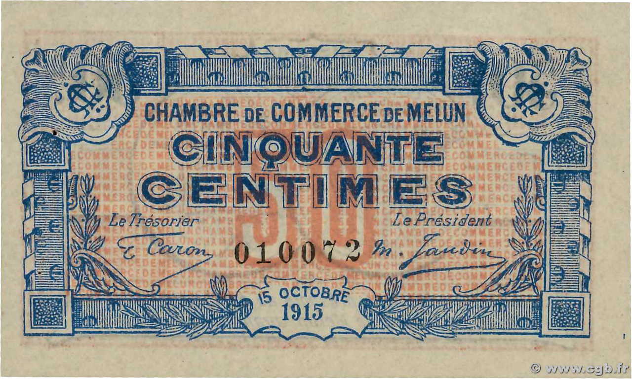 50 Centimes FRANCE régionalisme et divers Melun 1915 JP.080.01 SUP