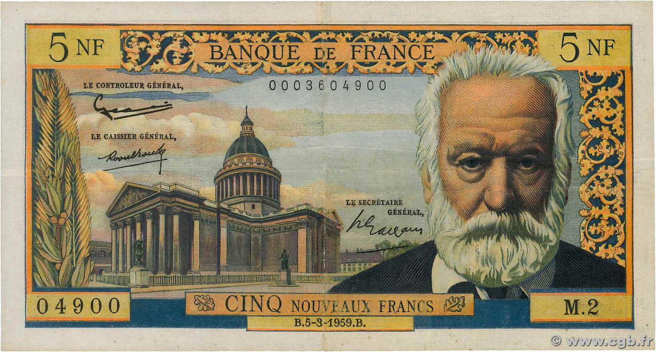5 Nouveaux Francs VICTOR HUGO FRANCE  1959 F.56.01 TB+