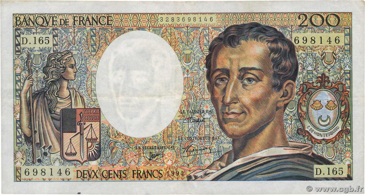 200 Francs MONTESQUIEU Modifié FRANCIA  1994 F.70/2.01 q.BB