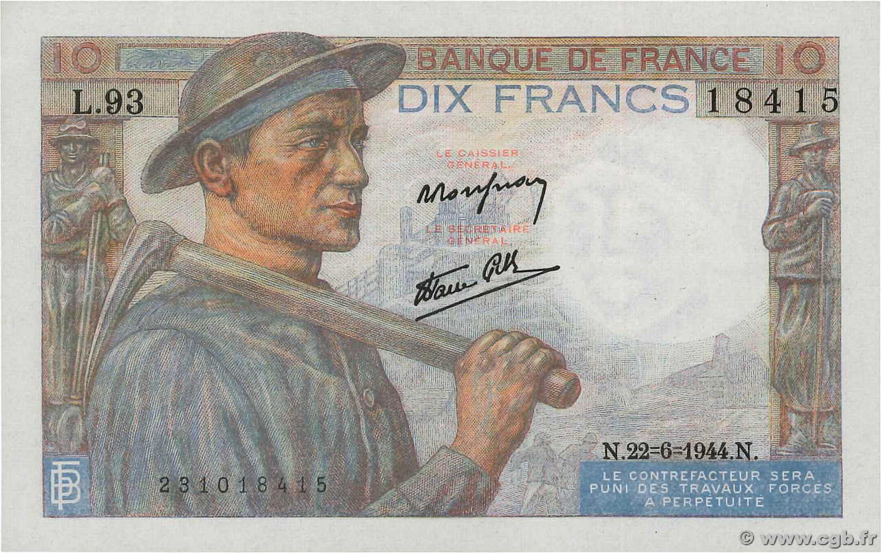 10 Francs MINEUR FRANCE  1944 F.08.12 UNC-
