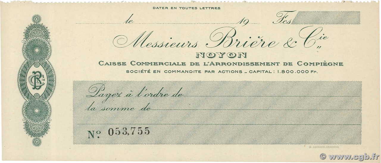 Francs FRANCE régionalisme et divers Noyon 1910 DOC.Chèque SPL