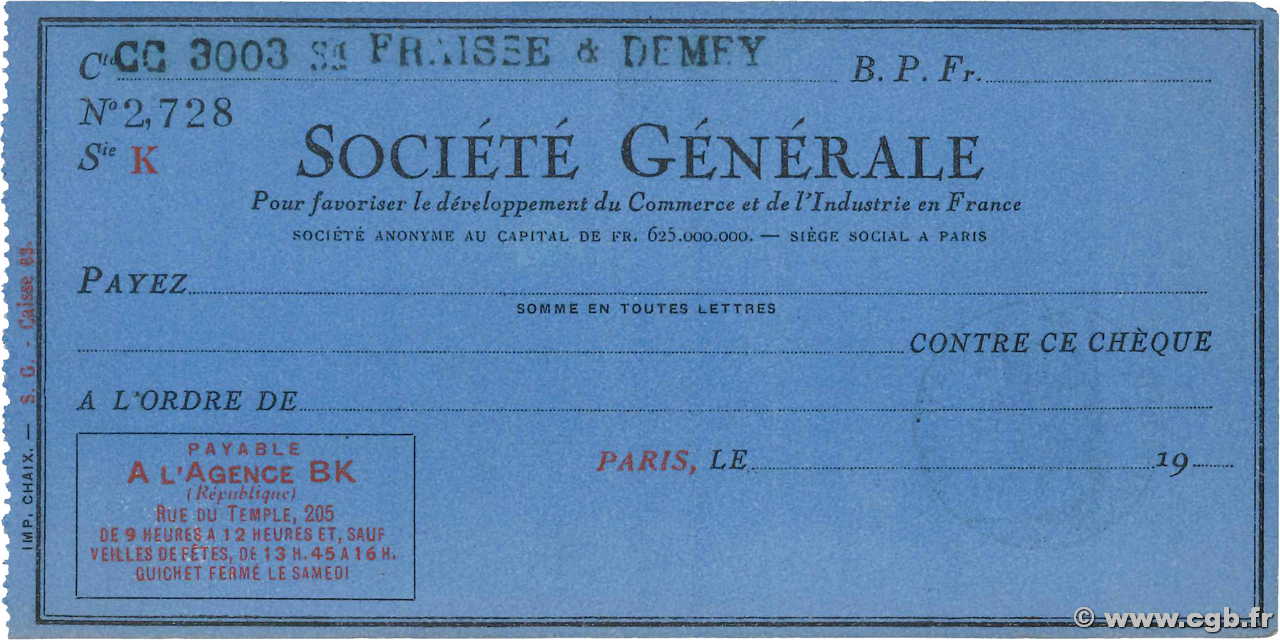 Francs FRANCE régionalisme et divers Paris 1933 DOC.Chèque SPL