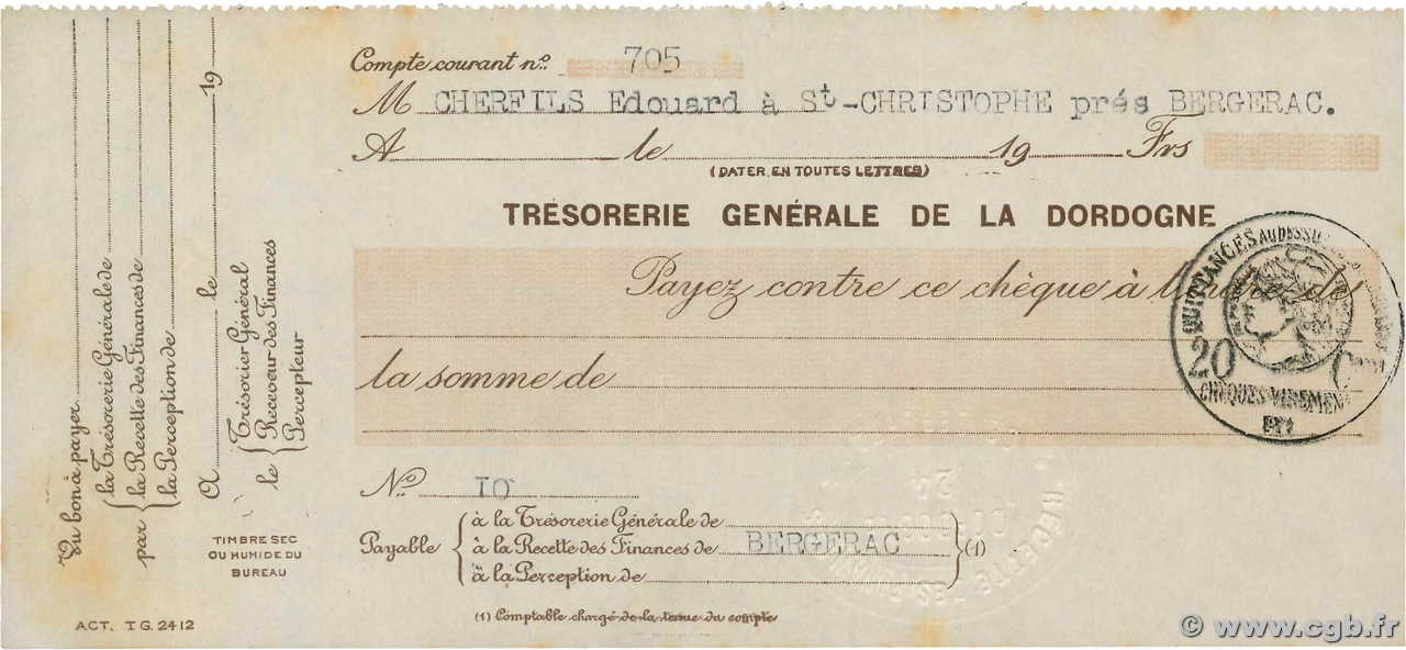 Francs FRANCE régionalisme et divers Bergerac 1915 DOC.Chèque SUP