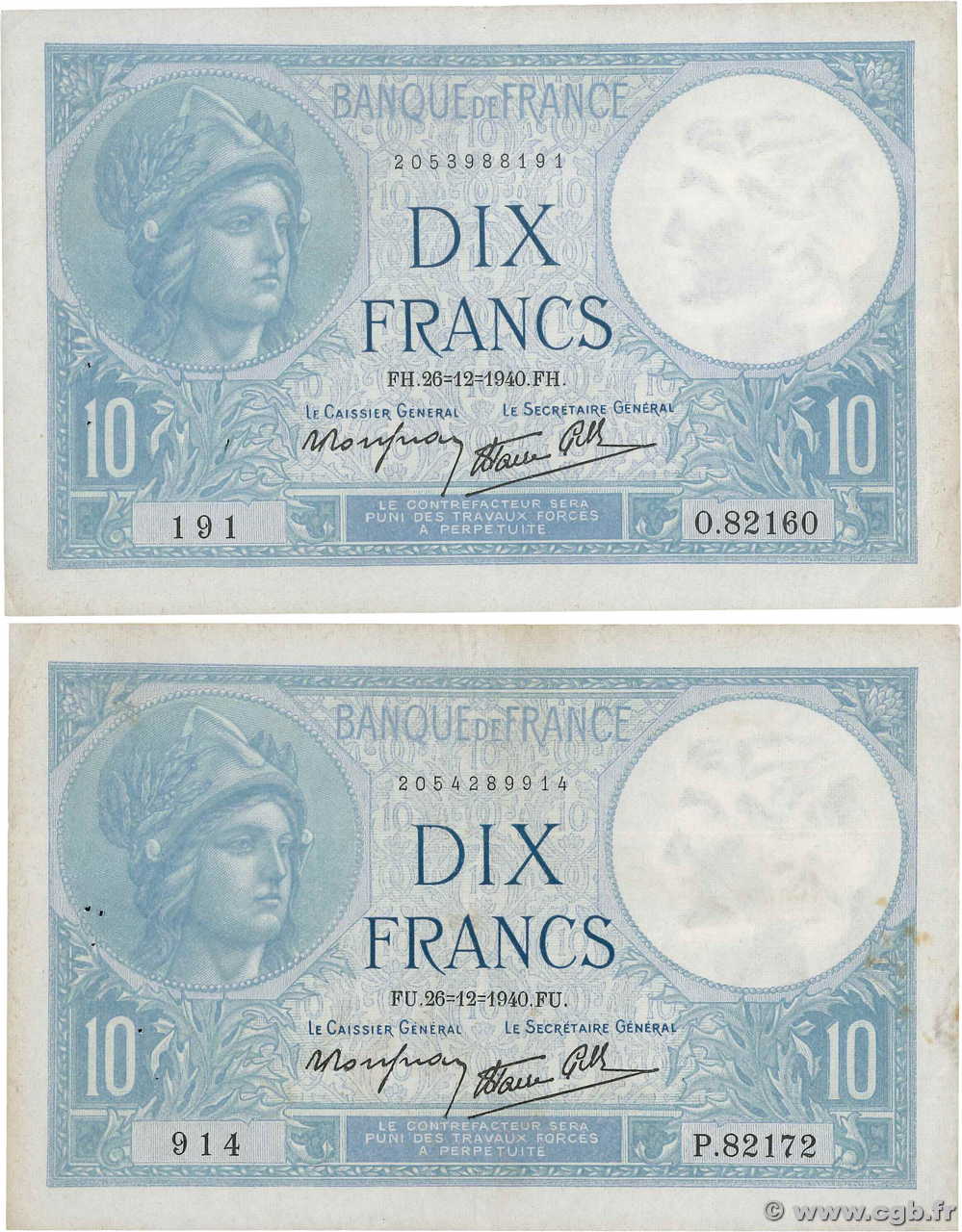 10 Francs MINERVE modifié Lot FRANCIA  1940 F.07.25 BB