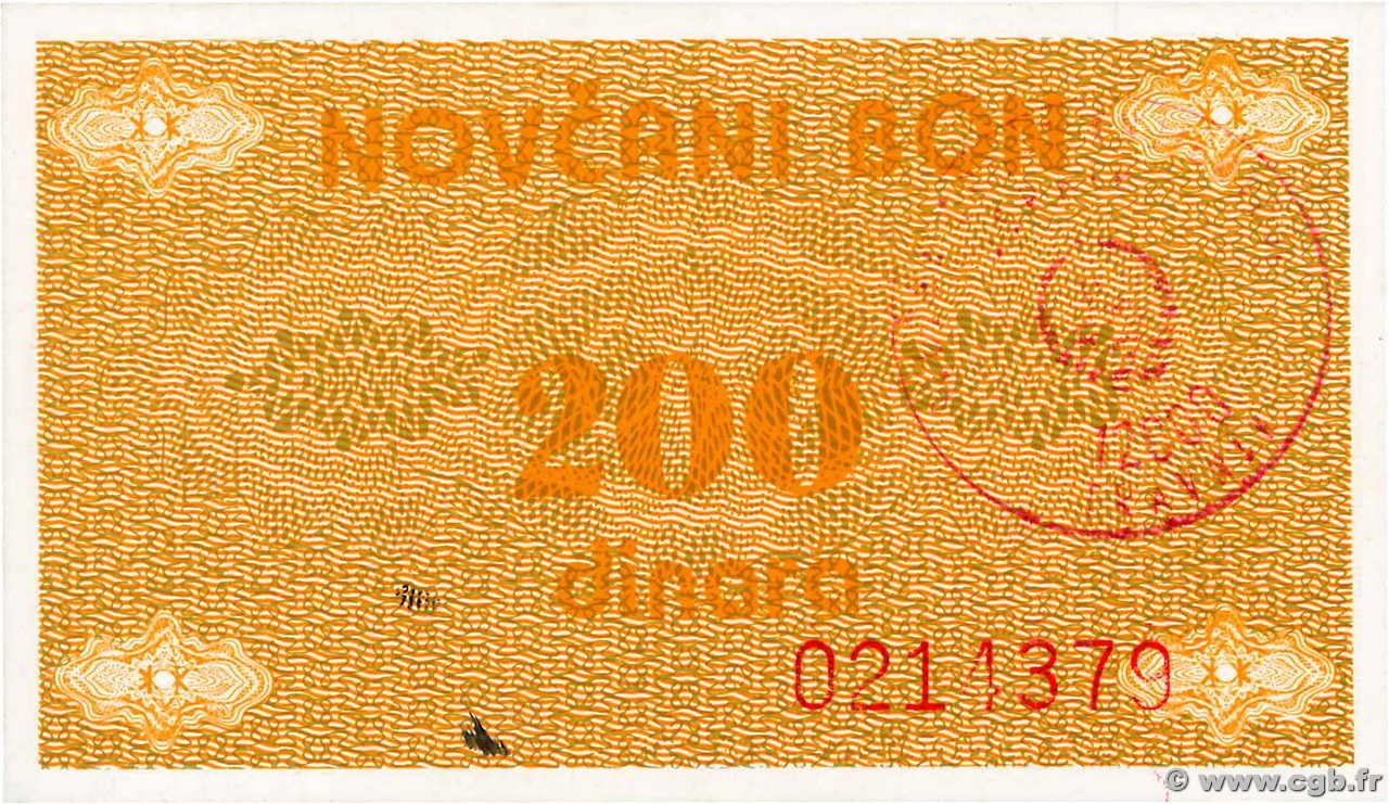 200 Dinara BOSNIA HERZEGOVINA Travnik 1992 P.048a AU