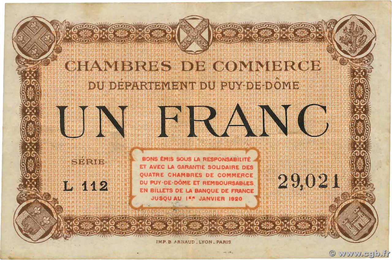 1 Franc FRANCE regionalismo y varios Puy-De-Dôme 1918 JP.103.06 MBC