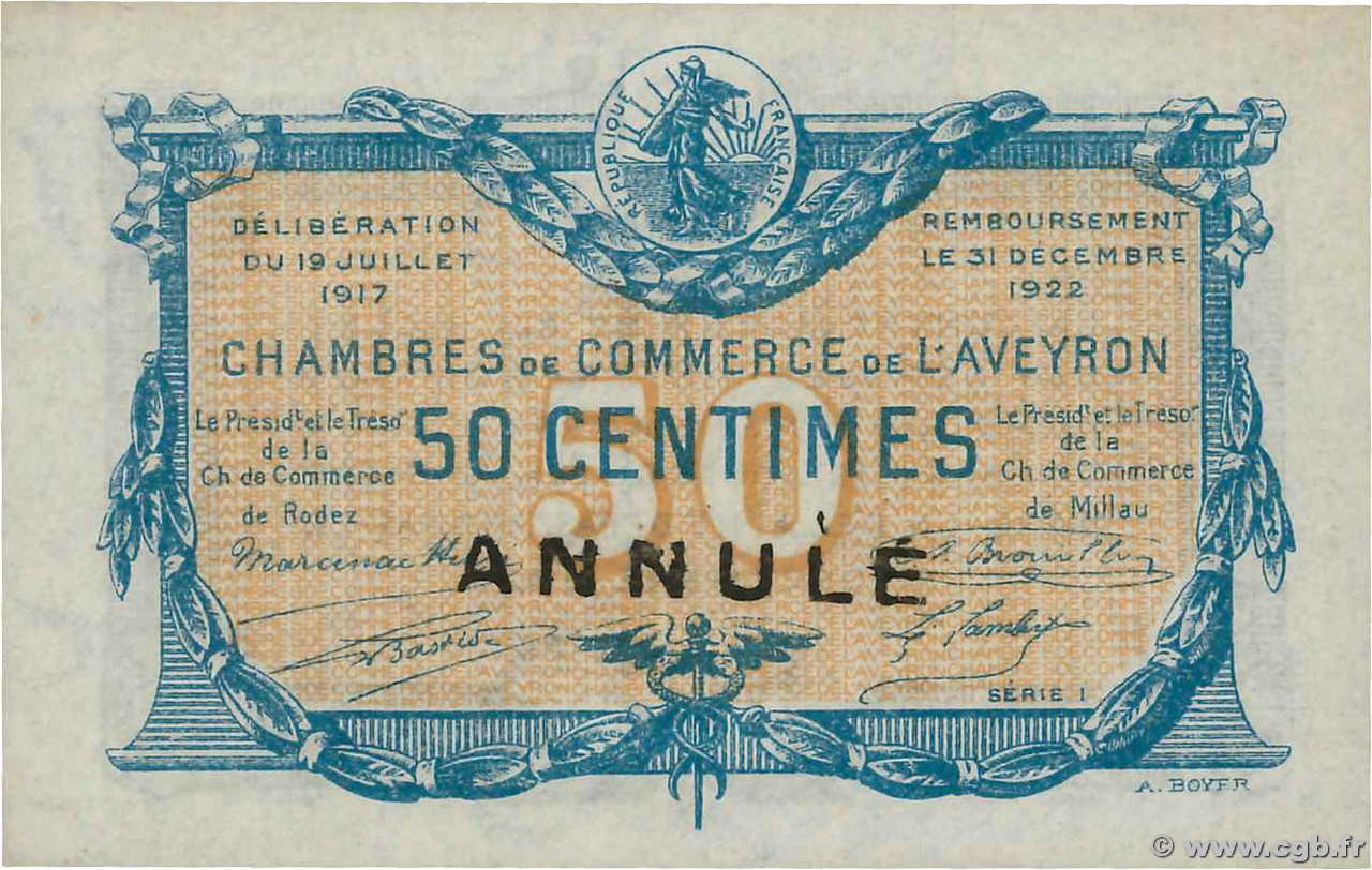 50 Centimes Annulé FRANCE regionalismo e varie Rodez et Millau 1917 JP.108.12 FDC