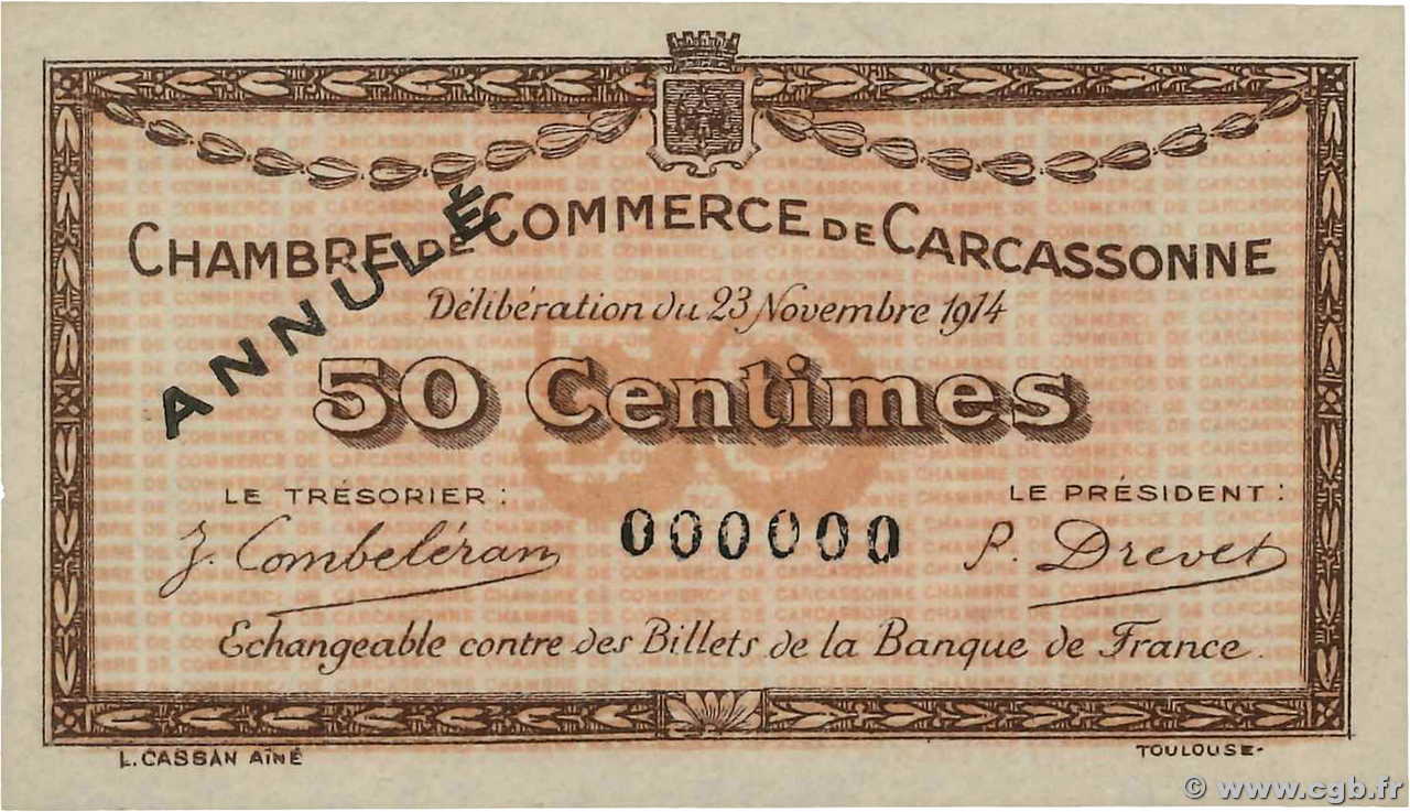 50 Centimes Annulé FRANCE régionalisme et divers Carcassonne 1914 JP.038.04 SUP+