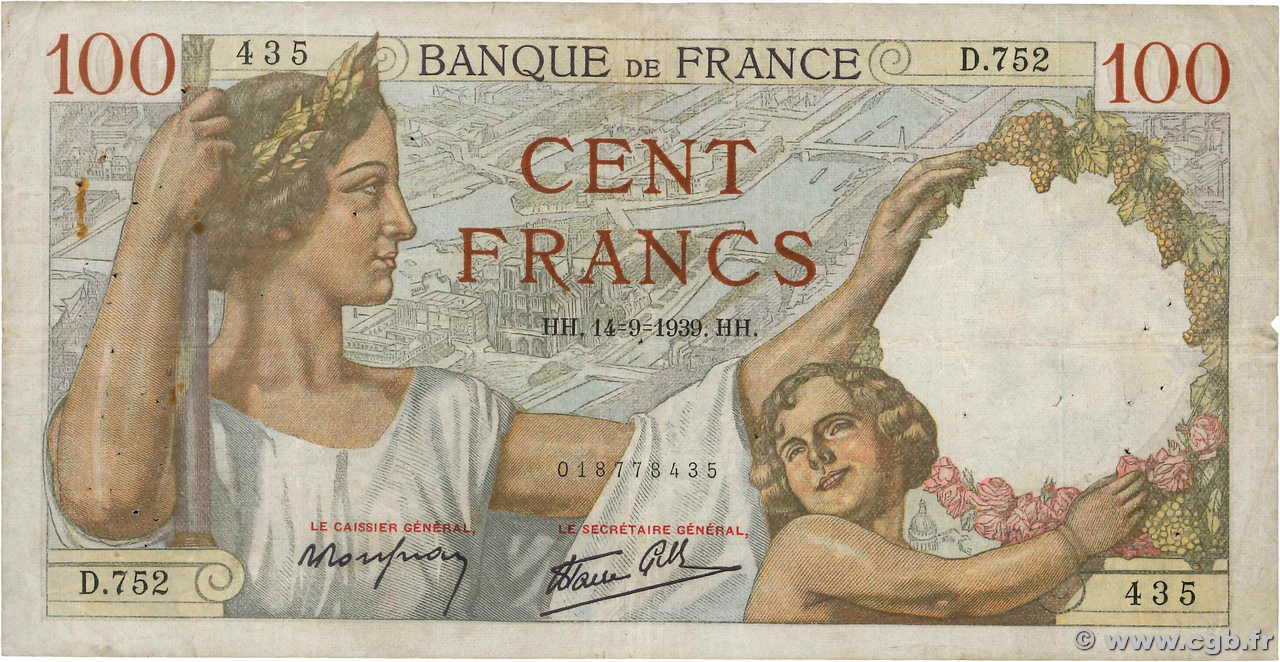 100 Francs SULLY FRANKREICH  1939 F.26.06 S