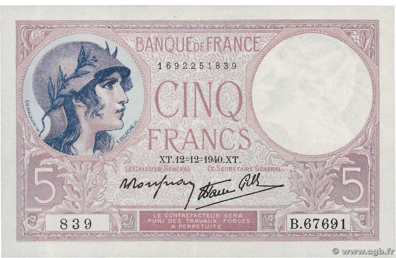 5 Francs FEMME CASQUÉE modifié FRANCE  1940 F.04.17 TTB+