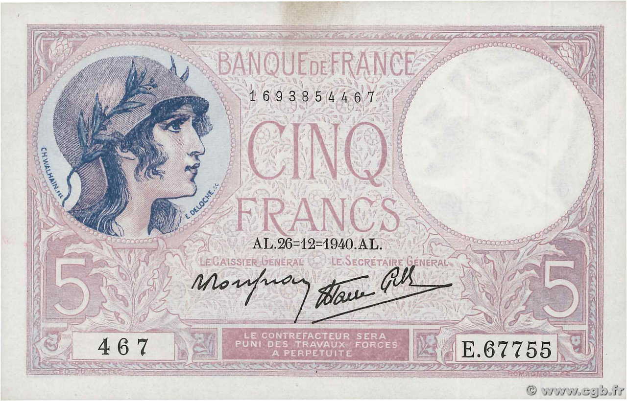 5 Francs FEMME CASQUÉE modifié FRANCE  1940 F.04.18 SUP