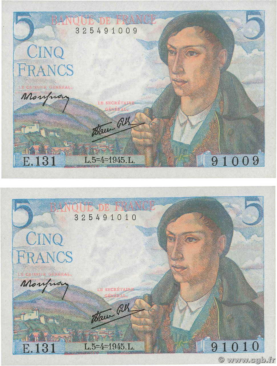 5 Francs BERGER Lot FRANCE  1945 F.05.06 NEUF