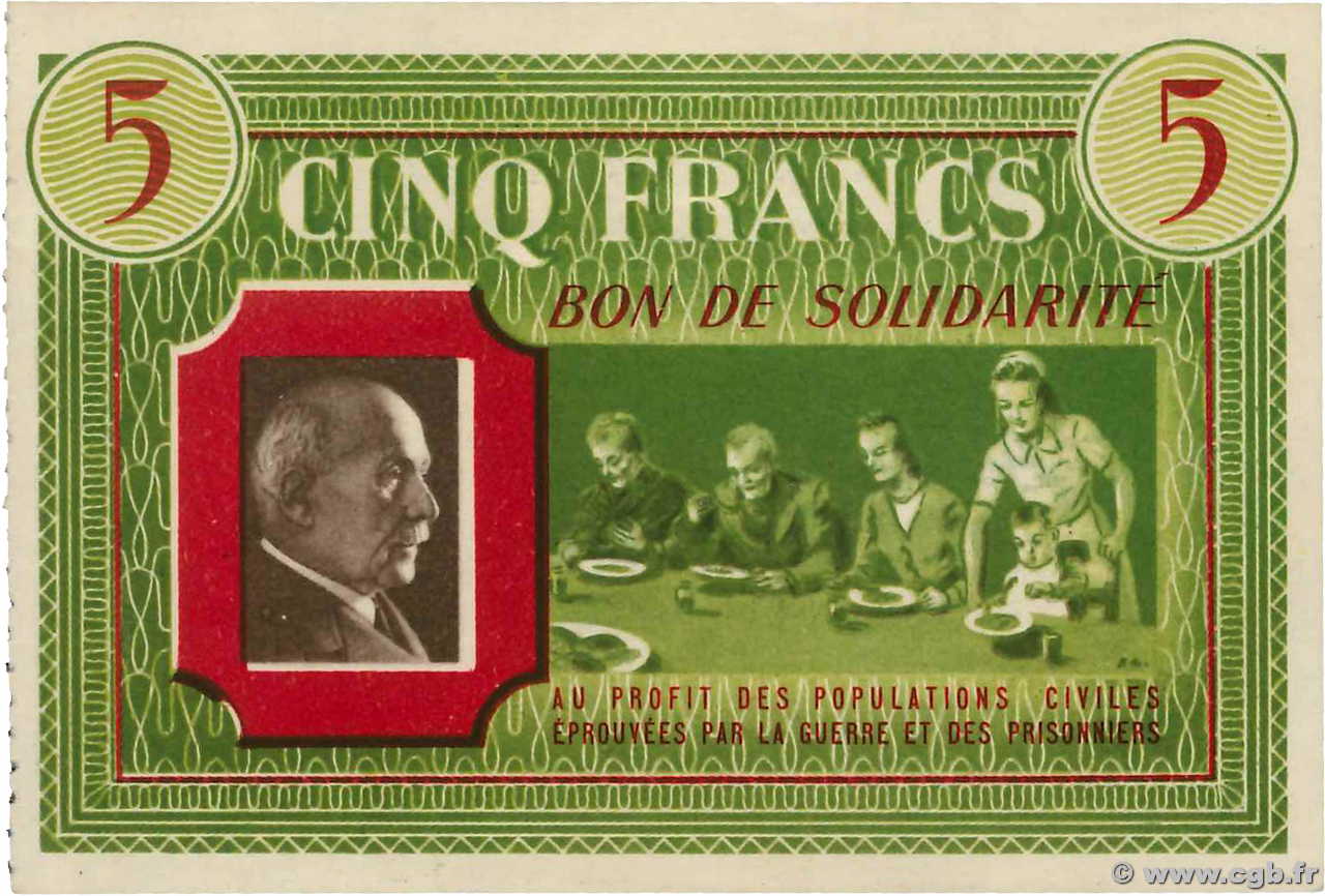 5 Francs BON DE SOLIDARITÉ FRANCE régionalisme et divers  1941 KL.05D1 SPL
