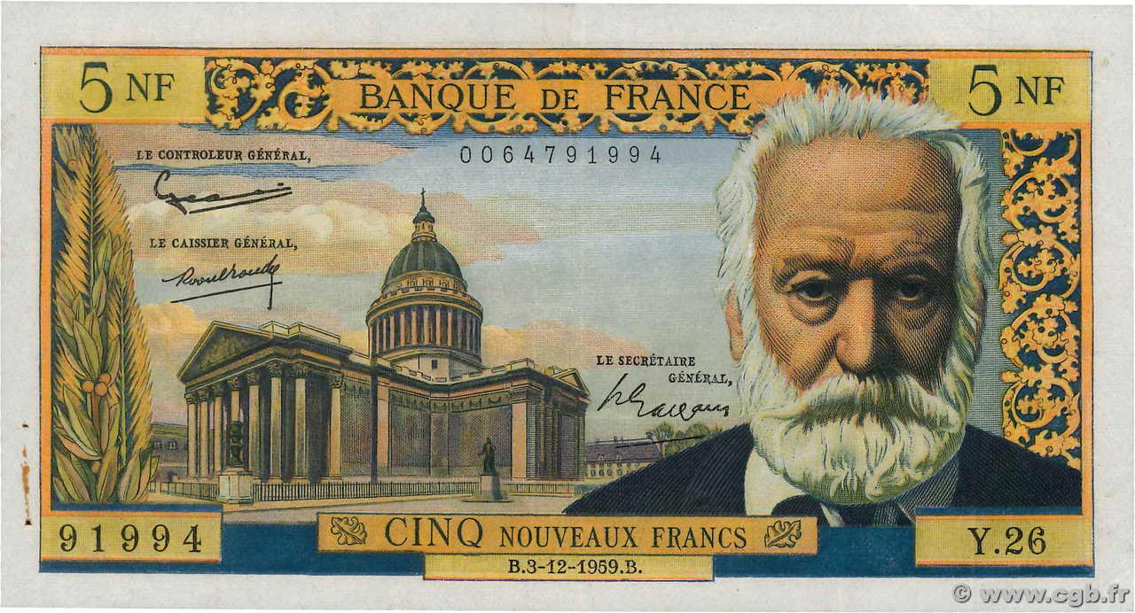 5 Nouveaux Francs VICTOR HUGO FRANCE  1959 F.56.04 TTB