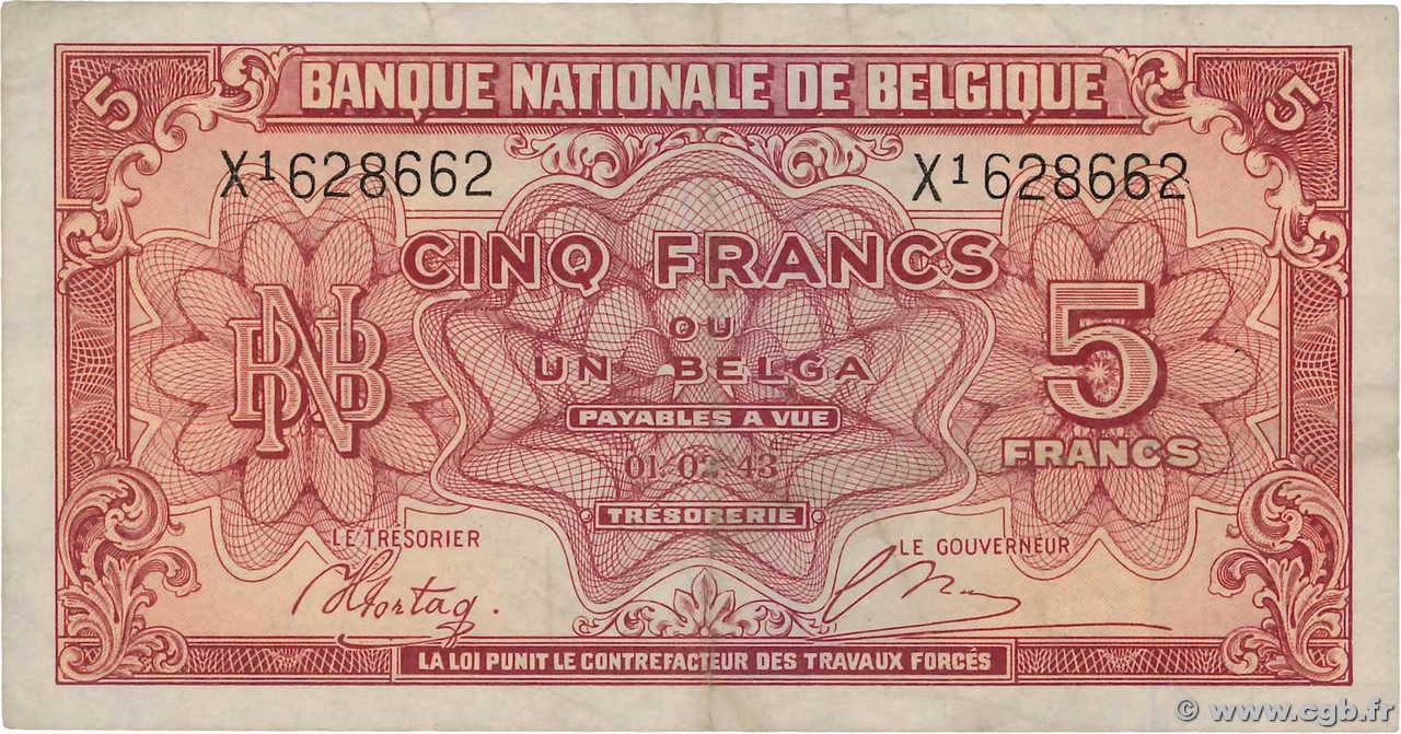 5 Francs - 1 Belga BELGIQUE  1943 P.121 TTB