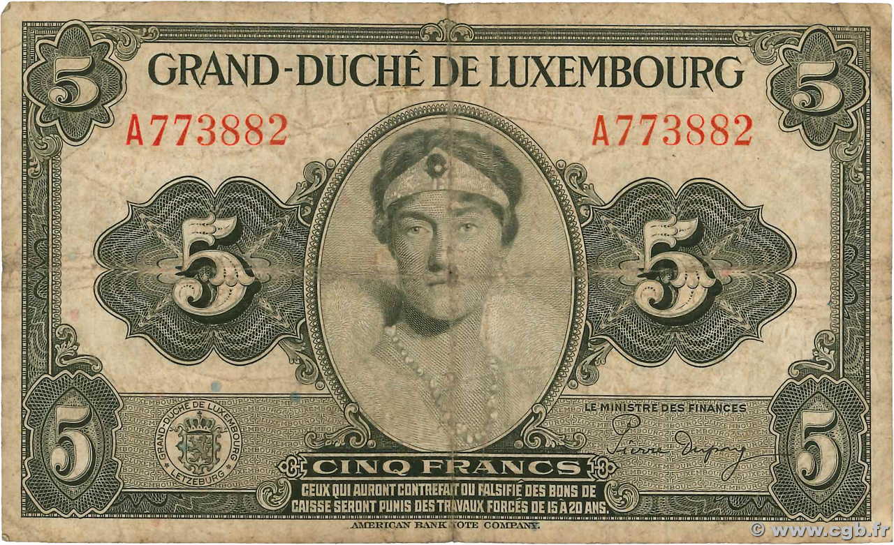 5 Francs LUXEMBURGO  1944 P.43b RC