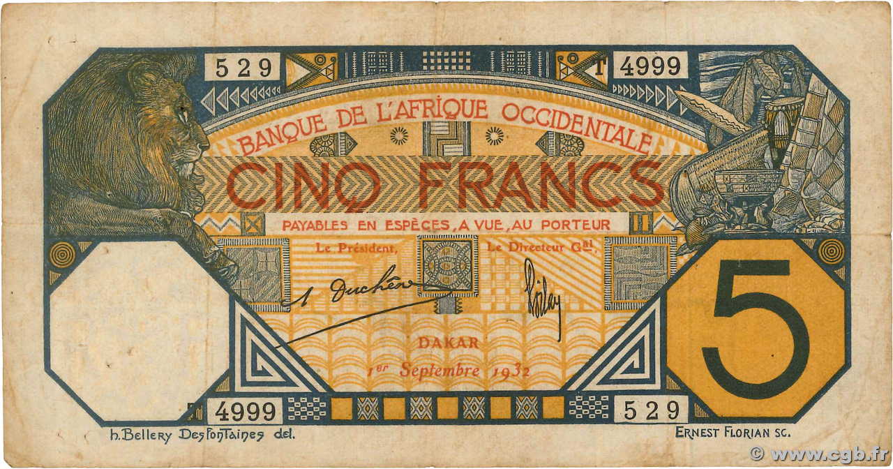 5 Francs DAKAR AFRIQUE OCCIDENTALE FRANÇAISE (1895-1958) Dakar 1932 P.05Be pr.TB