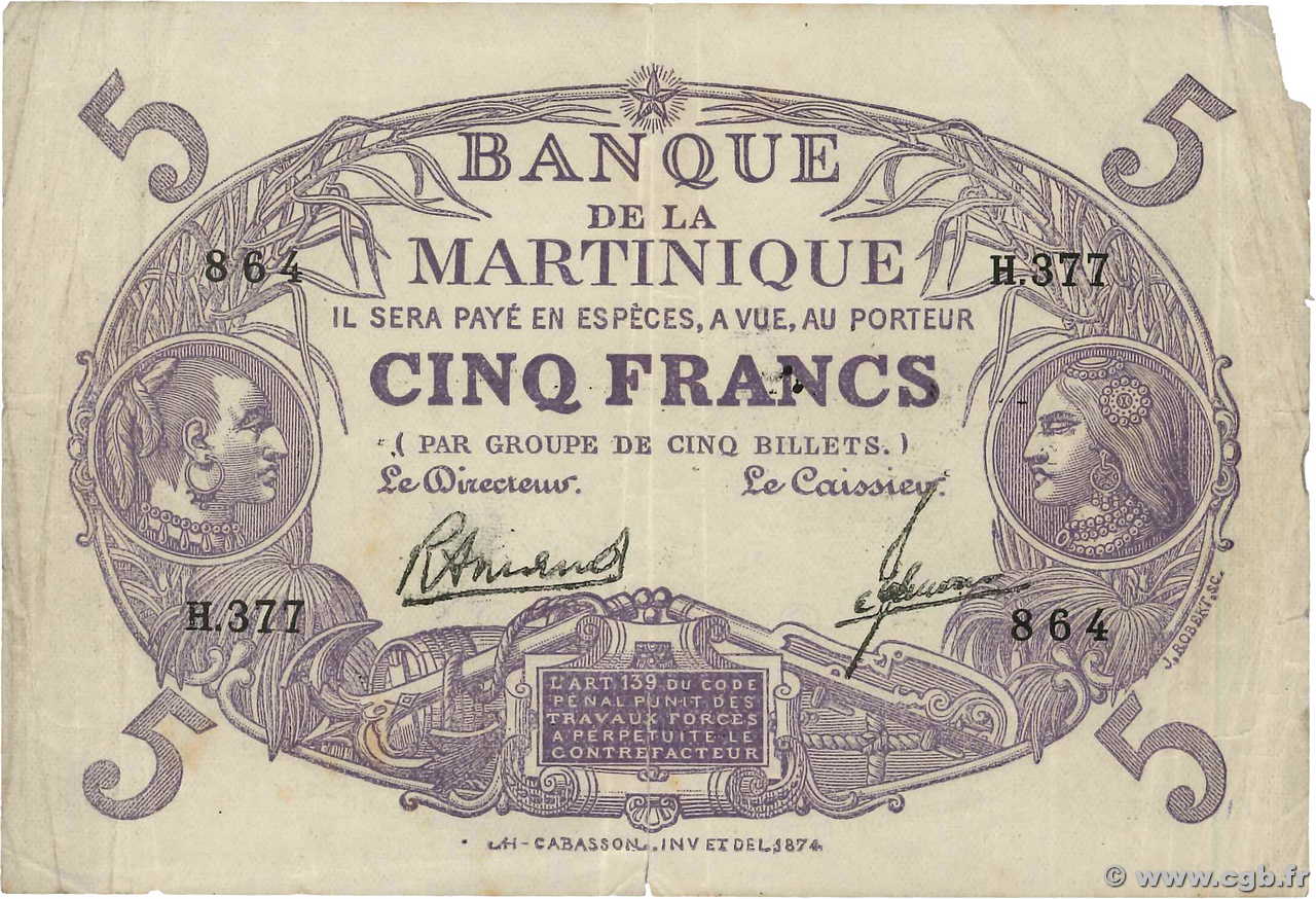 5 Francs Cabasson violet MARTINIQUE  1945 P.06 SGE