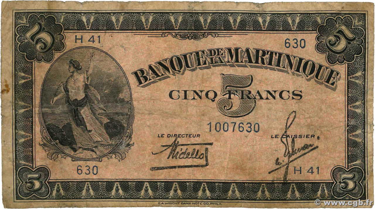 5 Francs MARTINIQUE  1942 P.16b q.B