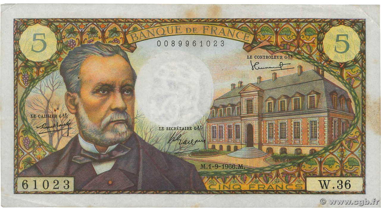 5 Francs PASTEUR FRANCIA  1966 F.61.03 q.BB