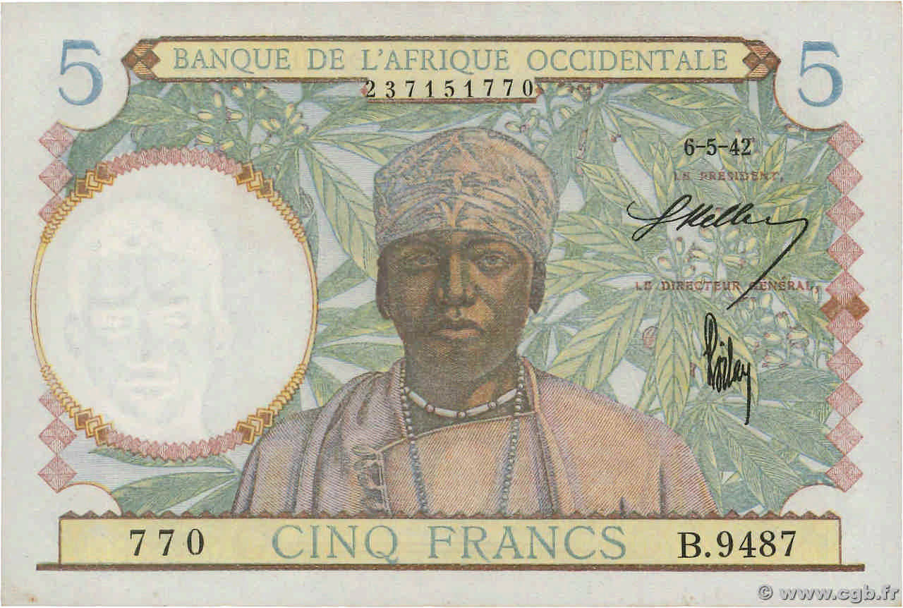 5 Francs FRENCH WEST AFRICA  1942 P.25 fST