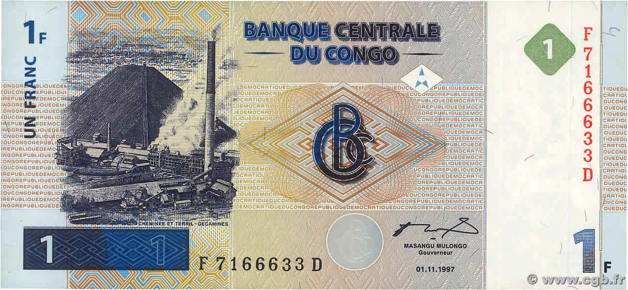 1 Franc RÉPUBLIQUE DÉMOCRATIQUE DU CONGO  1997 P.085a NEUF