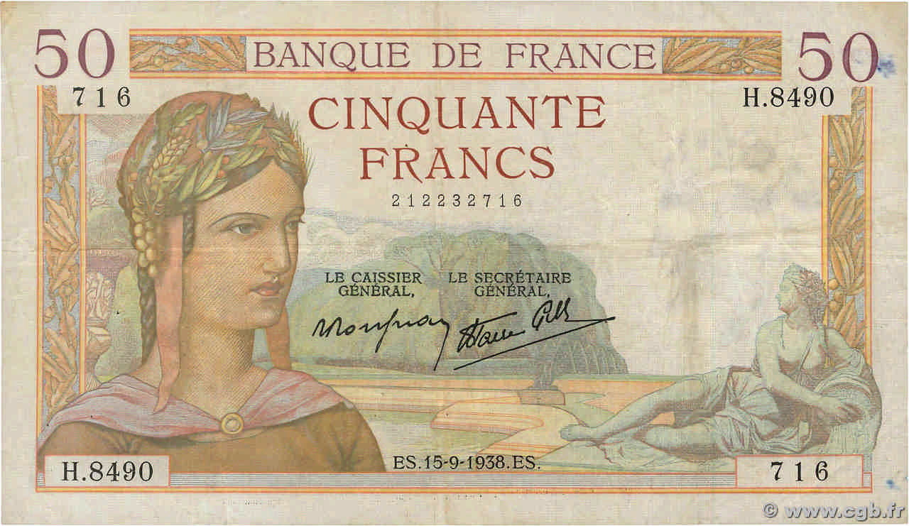 50 Francs CÉRÈS modifié FRANCE  1938 F.18.14 F