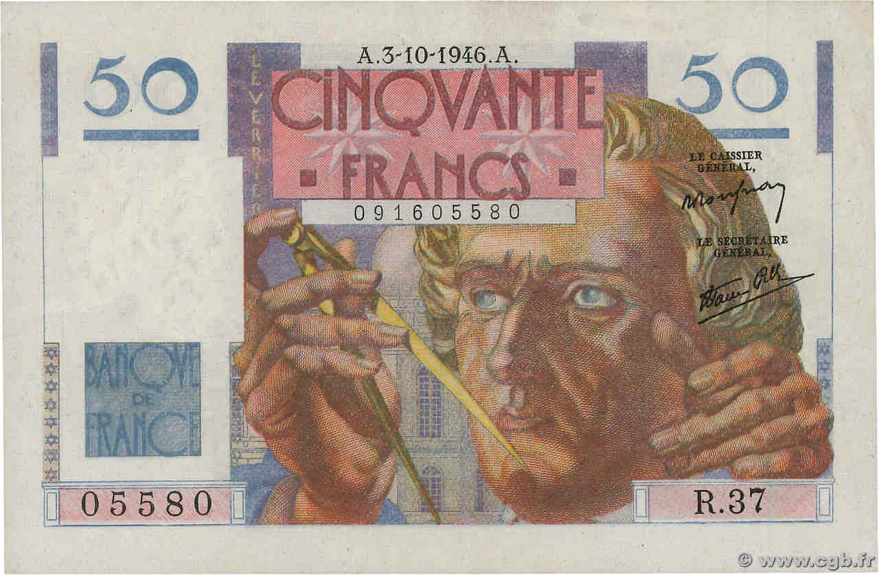 50 Francs LE VERRIER FRANCE  1946 F.20.06 VF-